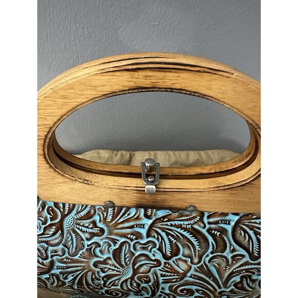 Patricia Nash Mirabella Turquoise Leather Wood Handle Purse Crossbody Floral Bag - Picture 4 of 13